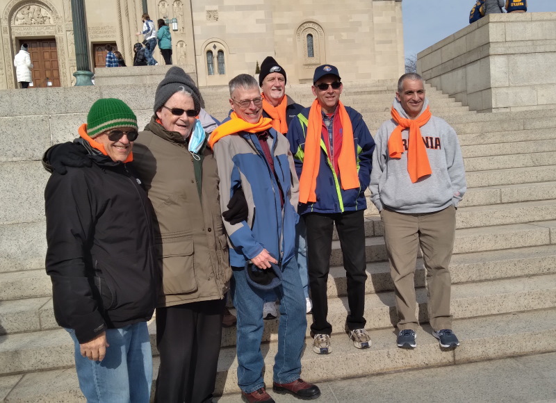Felix Spitelli, Father McFadden, Bill Buxton, Don't know, Don't know, Deacon Anthony Gallo -- on steps of Basilica after Mass